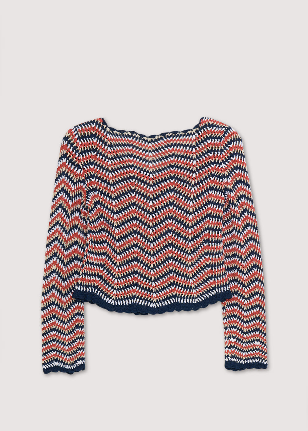 Long-sleeved tricolor crochet cardigan with front opening, curved finishes and crochet tone-on-tone buttons. This is a perfect garment to pair with matching pants. Spring Summer Collection. The New Society.