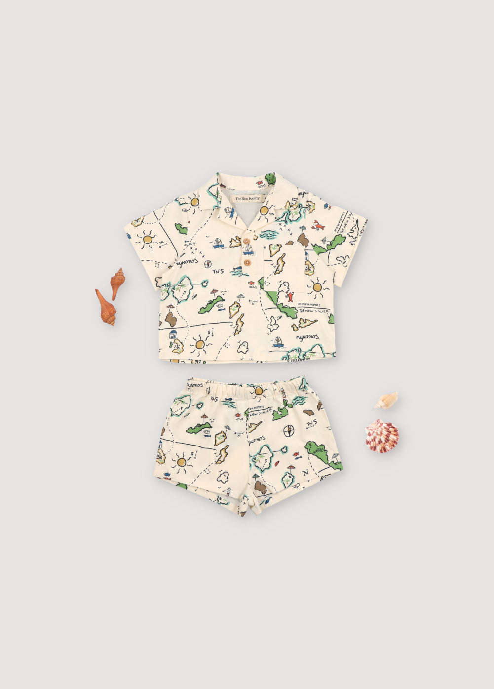 Arkoi Baby Bermuda in 100% cotton with our map print and elastic waistband. Spring Sumemr Collection. The New Society.