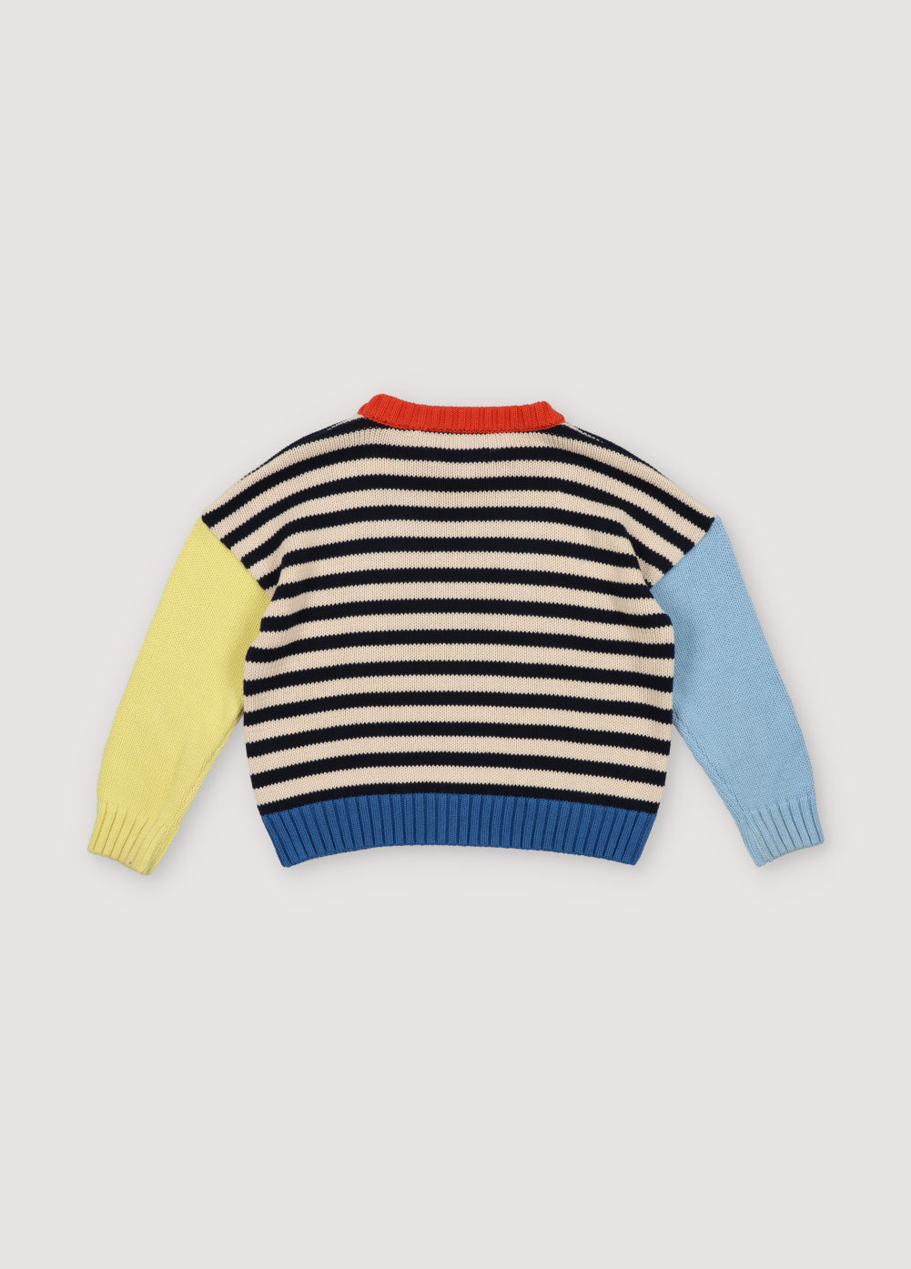 Fun and colorful cotton sweater with ribbed neckline, cuffs, and hem, featuring contrast brand embroidery on the chest. The New Society. Kids Collection.