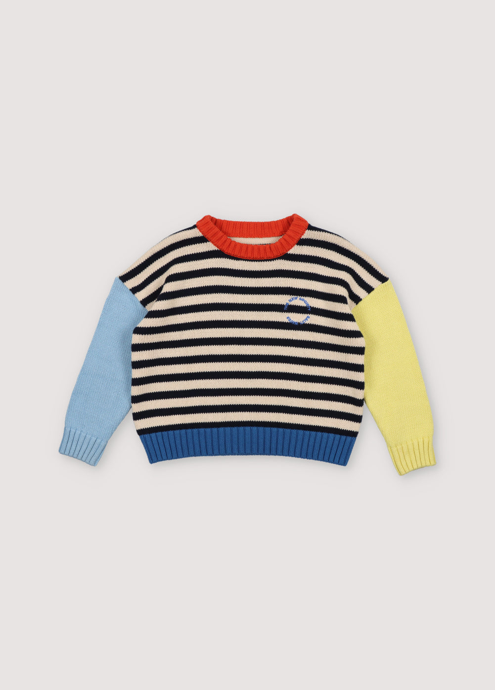 Fun and colorful cotton sweater with ribbed neckline, cuffs, and hem, featuring contrast brand embroidery on the chest. The New Society. Kids Collection.