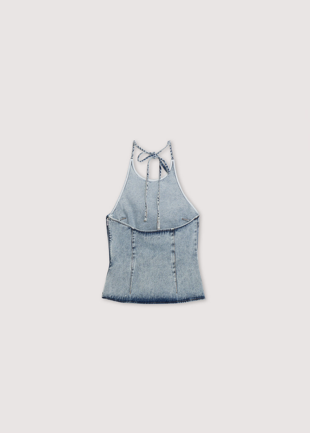 Chios Teen Top in denim fabric 100% cotton, halter neck top with bust darts and a fitted waist, with a side zipper. Spring Summer Collection. The New Society.