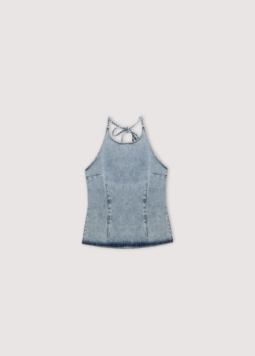 Chios Teen Top in denim fabric 100% cotton, halter neck top with bust darts and a fitted waist, with a side zipper. Spring Summer Collection. The New Society.