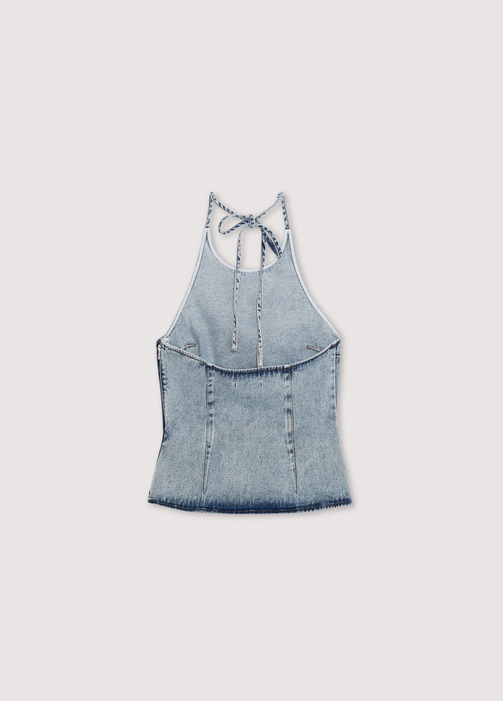 Chios Woman Top in denim fabric 100% cotton, halter neck top with bust darts and a fitted waist, with a side zipper. Spring Summer Collection. The New Society.