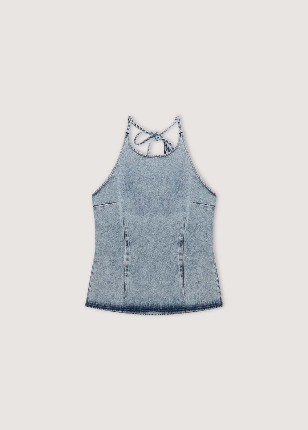 Chios Woman Top in denim fabric 100% cotton, halter neck top with bust darts and a fitted waist, with a side zipper. Spring Summer Collection. The New Society.