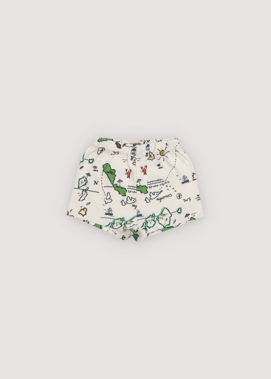 Arkoi Baby Bermuda in 100% cotton with our map print and elastic waistband. Spring Sumemr Collection. The New Society.