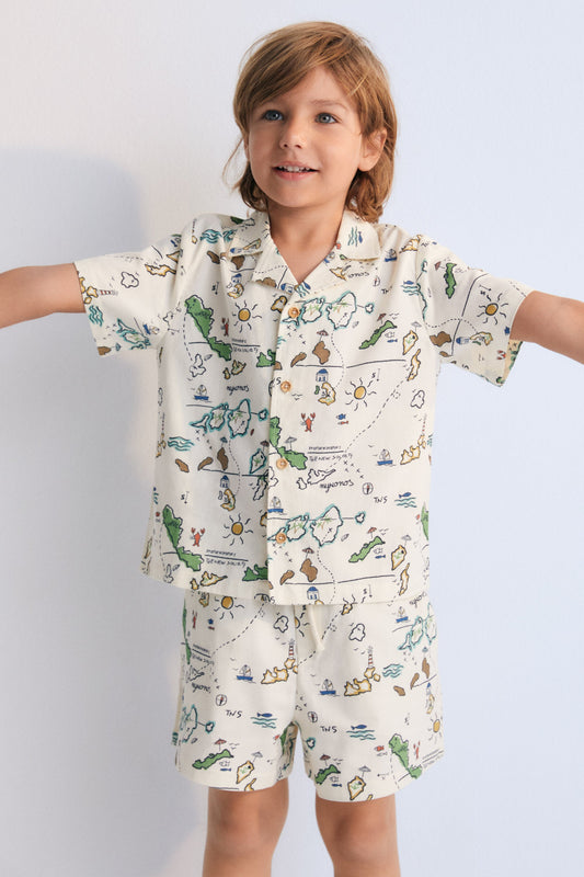 Arkoi Shirt in 100% cotton with our map print and elastic waistband and adjustable drawstring. Spring Summer Collection. The New Society.