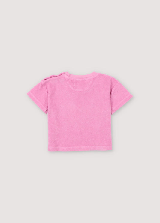Terry fabric shirt with ribbed collar and shoulder opening with tone-on-tone snaps. It features brand embroidery on the chest in a matching tone. Perfect for pairing with the matching bloomer. Spring Summer Collection. The New Society.