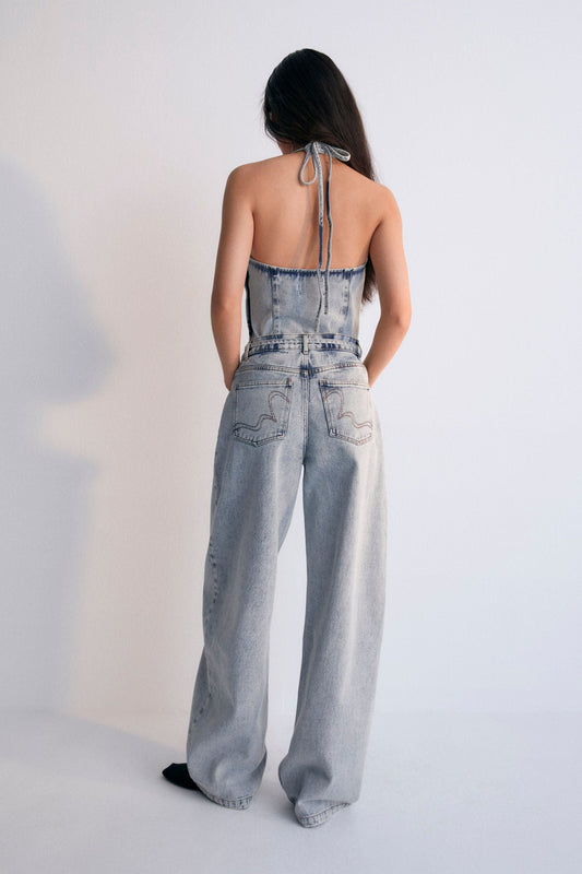  Chios Woman Top in denim fabric 100% cotton, halter neck top with bust darts and a fitted waist, with a side zipper. Spring Summer Collection. The New Society.
