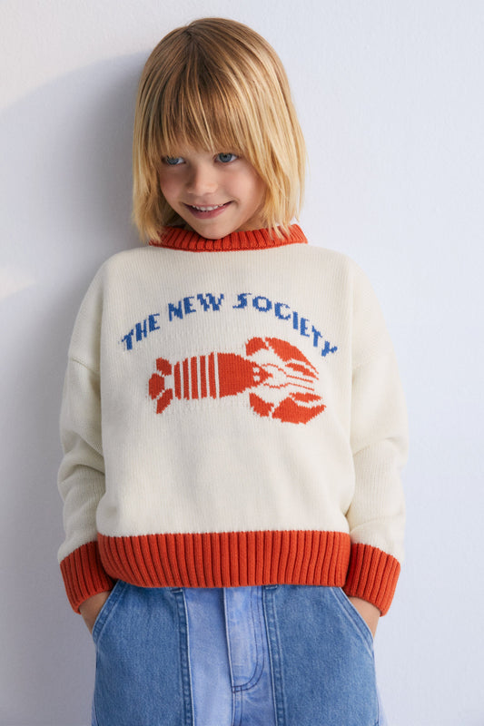 Sweater with contrast ribs on the neckline, cuffs, and hem, and our lobster jacquard on the front, making it a fun garment.